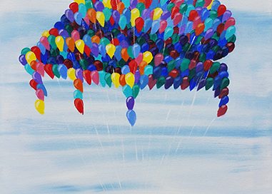 Girl pulled up into the sky by balloons