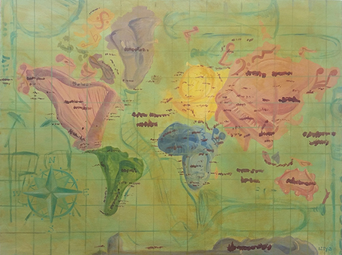 Map of the world with musical instruments painted as the continents