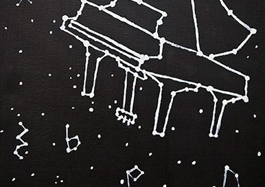Piano and musical note constellation in the dark sky