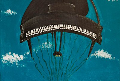 Piano parachute in the sky with clouds