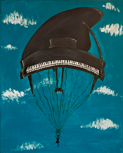 Piano parachute in the sky with clouds
