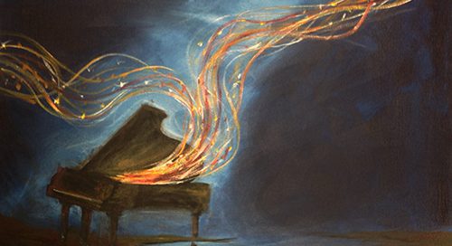 Musical notes coming out of a piano