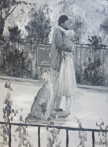 A couple kissing with a dog looking on